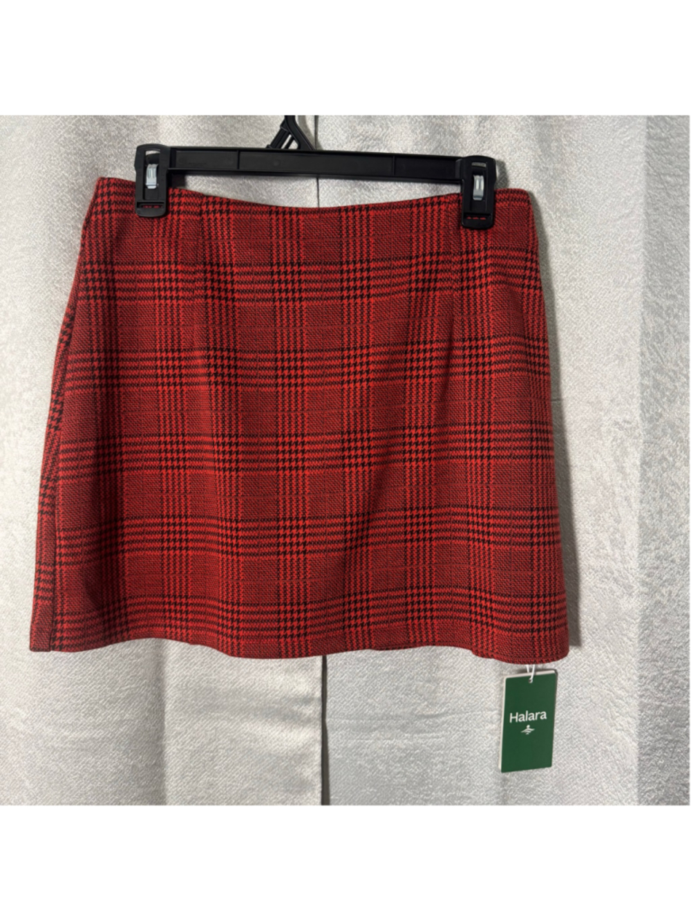 NWT High waisted 2 in 1 houndstooth plaid mini work skirt burgundy houndstooth M - Picture 2 of 6